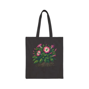 Pink Flower Cotton Canvas Tote Bag - Botanical Style - Dipaliz - Black / 15’’ x 16’’ - Bags