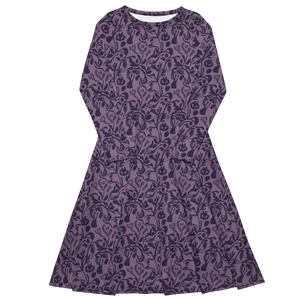Botanical Print Midi Dress – Rich Plum Long Sleeve - Dipaliz - Dresses - Xs