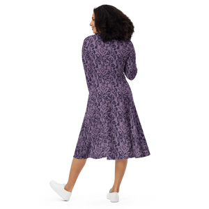 Botanical Print Midi Dress – Rich Plum Long Sleeve - Dipaliz - Dresses - Xs