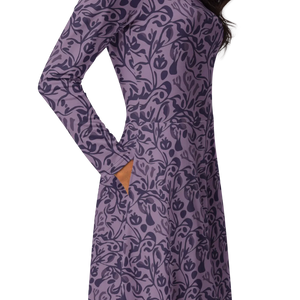 Botanical Print Midi Dress – Rich Plum Long Sleeve - Dipaliz - Dresses - Xs