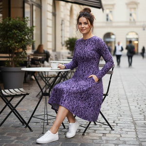Botanical Print Midi Dress – Rich Plum Long Sleeve - Dipaliz - Dresses - Xs