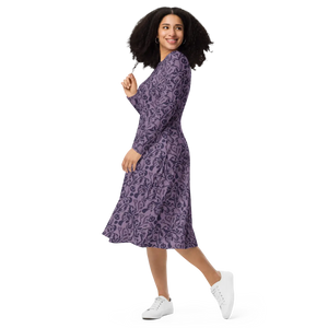 Botanical Print Midi Dress – Rich Plum Long Sleeve - Dipaliz - Dresses - Xs