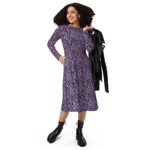 Botanical Print Midi Dress – Rich Plum Long Sleeve - Dipaliz - Dresses - Xs