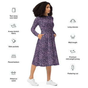 Botanical Print Midi Dress – Rich Plum Long Sleeve - Dipaliz - Dresses - Xs