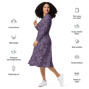 Botanical Print Midi Dress – Rich Plum Long Sleeve - Dipaliz - Dresses - Xs