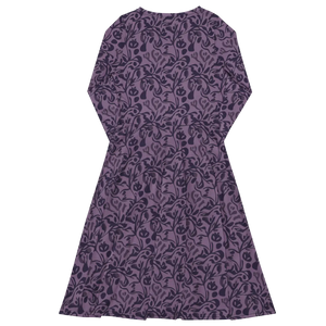Botanical Print Midi Dress – Rich Plum Long Sleeve - Dipaliz - Dresses - Xs