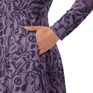 Botanical Print Midi Dress – Rich Plum Long Sleeve - Dipaliz - Dresses - Xs