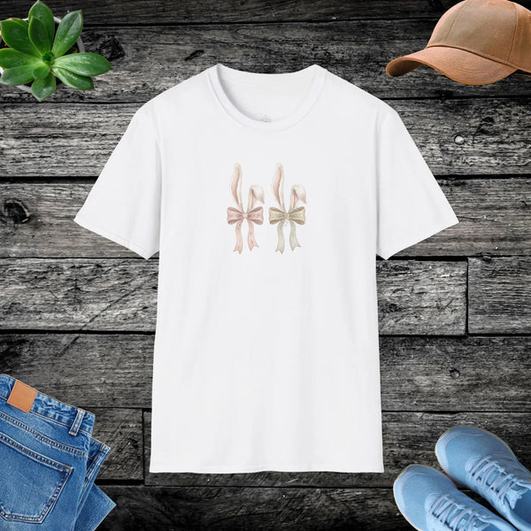 Bow Trio Graphic T-shirt, Pastel Ribbon Design - White / s