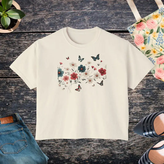 Butterflies & Flowers Boxy Tee for Effortless Style - Ivory / s T-shirt