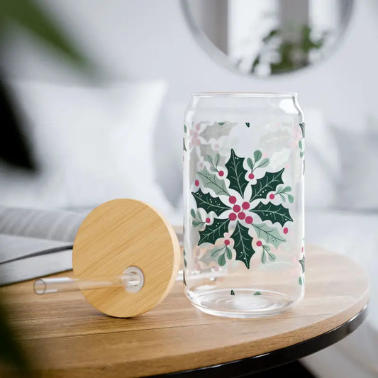 Festive Sipper Glass with Holly Bamboo Lid Charm - with Lid and Straw / 16oz Mug