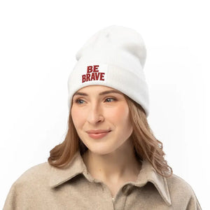 Hats - Brave Embroidered Knit Beanie - White Cotton Blend - Dipaliz one Size