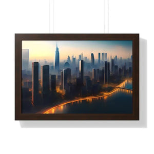 Framed Horizontal Poster - Aerial View City Skyscrapers - Dipaliz - 24″ x 16″ / Walnut - Posters Prints & Visual Artwork