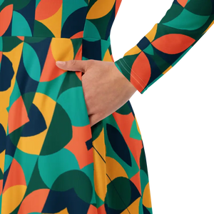 Print Long Sleeve Midi Dress Attractive Geometrical Pattern - Dipaliz - Dresses