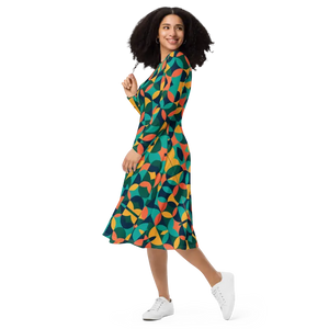 Print Long Sleeve Midi Dress Attractive Geometrical Pattern - Dipaliz - Dresses