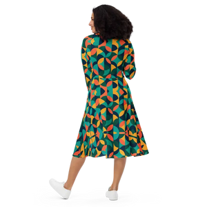 Print Long Sleeve Midi Dress Attractive Geometrical Pattern - Dipaliz - Dresses