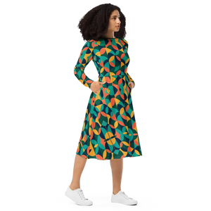 Print Long Sleeve Midi Dress Attractive Geometrical Pattern - Dipaliz - Dresses