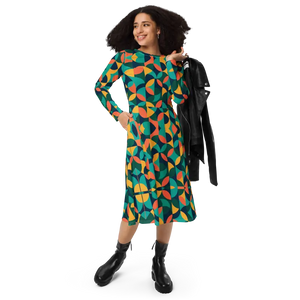 Print Long Sleeve Midi Dress Attractive Geometrical Pattern - Dipaliz - 2xs - Dresses