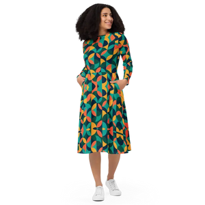 Print Long Sleeve Midi Dress Attractive Geometrical Pattern - Dipaliz - Dresses