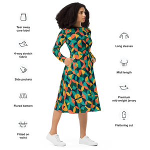 Print Long Sleeve Midi Dress Attractive Geometrical Pattern - Dipaliz - Dresses