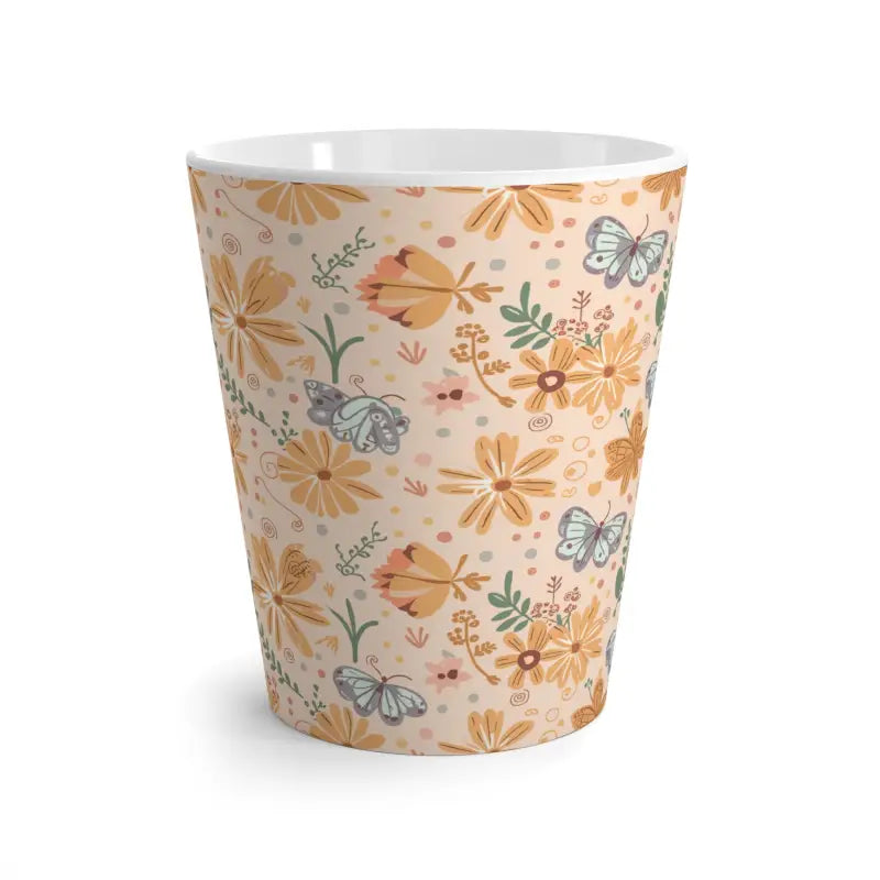 Bright Orange Latte Mug with Flowers & Butterflies - 12oz