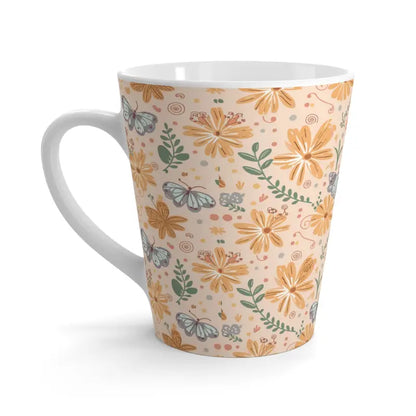 Bright Orange Latte Mug with Flowers & Butterflies - 12oz