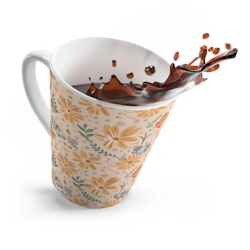 Bright Orange Latte Mug with Flowers & Butterflies - 12oz