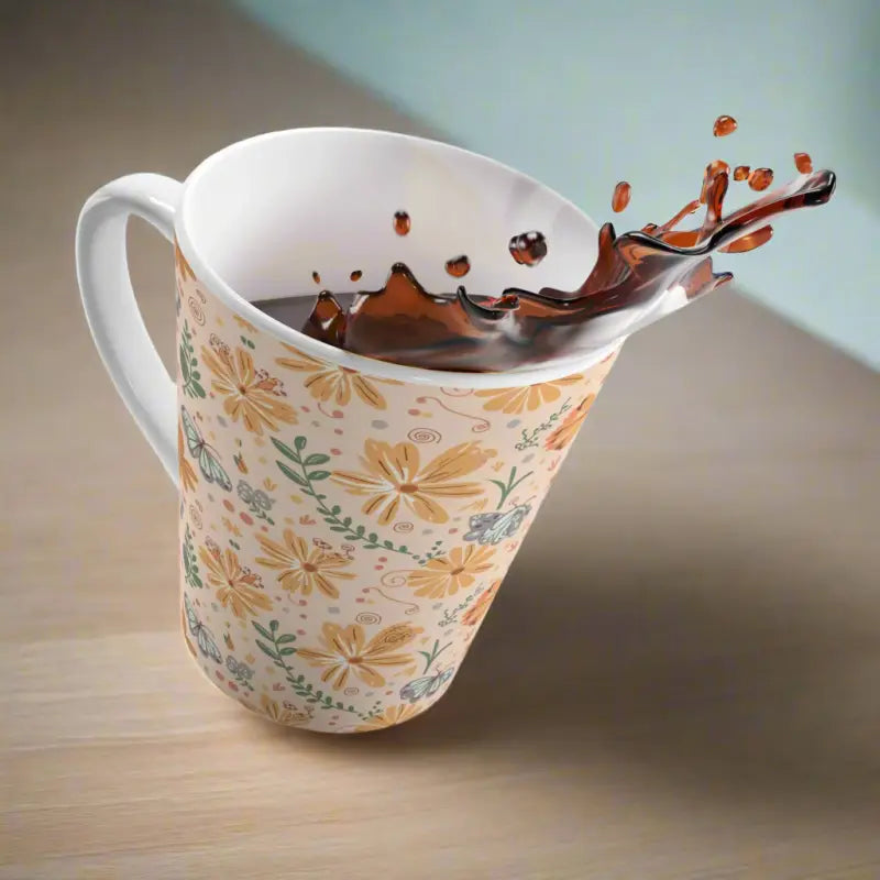 Bright Orange Latte Mug with Flowers & Butterflies - 12oz