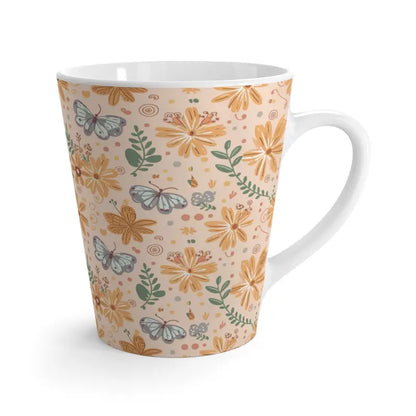 Bright Orange Latte Mug with Flowers & Butterflies - 12oz