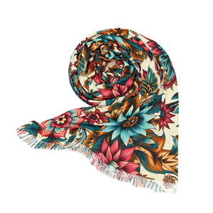 Vibrant Jacobean Floral Fringe Scarf Light - Scarves & Shawls