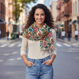 Vibrant Jacobean Floral Fringe Scarf Light - Scarves & Shawls