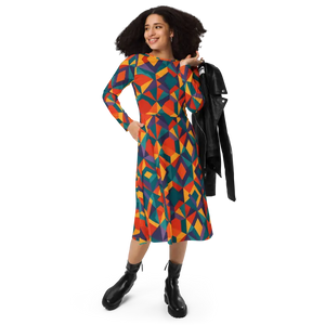 Bright Geometric Pattern Long Sleeve Midi Dress - Dipaliz - 2xs - Dresses