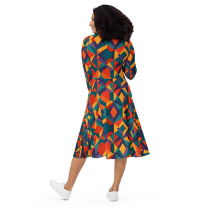 Bright Geometric Pattern Long Sleeve Midi Dress - Dipaliz - Dresses