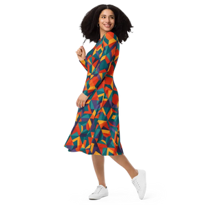 Bright Geometric Pattern Long Sleeve Midi Dress - Dipaliz - Dresses