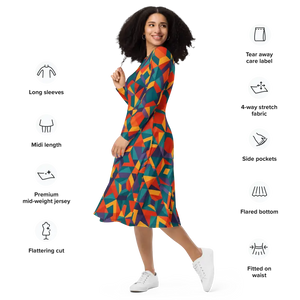 Bright Geometric Pattern Long Sleeve Midi Dress - Dipaliz - Dresses