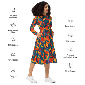 Bright Geometric Pattern Long Sleeve Midi Dress - Dipaliz - Dresses