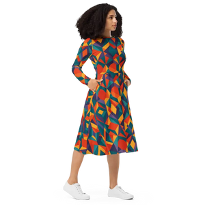Bright Geometric Pattern Long Sleeve Midi Dress - Dipaliz - Dresses