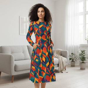 Bright Geometric Pattern Long Dress – Sleeve Midi - Dipaliz - Dresses - Xs
