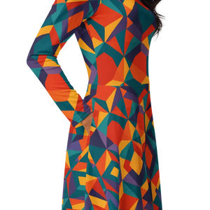 Bright Geometric Pattern Long Sleeve Midi Dress - Dipaliz - Dresses
