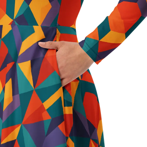 Bright Geometric Pattern Long Sleeve Midi Dress - Dipaliz - Dresses