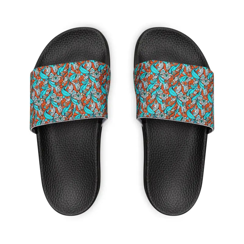 Chill Out In Style: Slide Sandals With Cyan Paisley Flair - Shoes