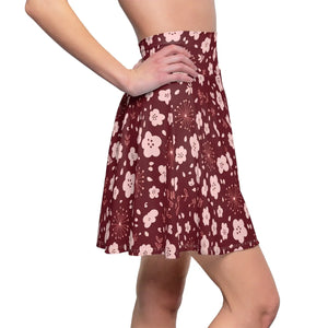 Burgundy Blossom Skater Skirt, Floral Aop High-waist Swing - Skirts - s