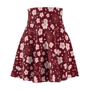 Burgundy Blossom Skater Skirt, Floral Aop High-waist Swing - Skirts - s