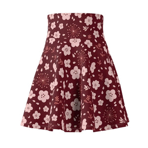 Burgundy Blossom Skater Skirt, Floral Aop High-waist Swing - Skirts - s