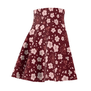 Burgundy Blossom Skater Skirt, Floral Aop High-waist Swing - Skirts - s
