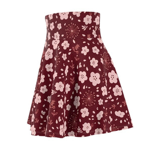 Burgundy Blossom Skater Skirt, Floral Aop High-waist Swing - Skirts - s