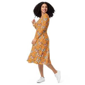 Long Sleeve Midi Dress Butterflies Polyester - Dipaliz - Dresses - Xs