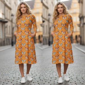 Long Sleeve Midi Dress Butterflies Polyester - Dipaliz - Dresses - Xs