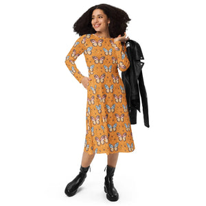 Long Sleeve Midi Dress Butterflies Polyester - Dipaliz - Dresses - Xs