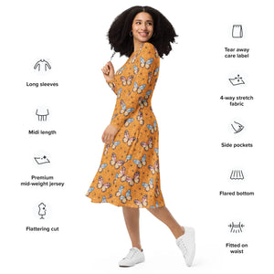 Long Sleeve Midi Dress Butterflies Polyester - Dipaliz - Dresses - Xs