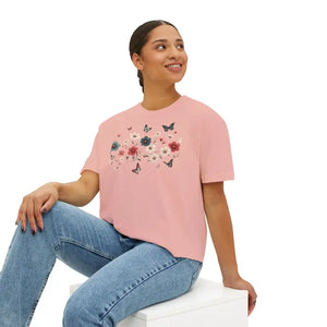 T-shirt - Flowers Boxy Tee Slightly Cropped Stylish Butterfly Print - Dipaliz